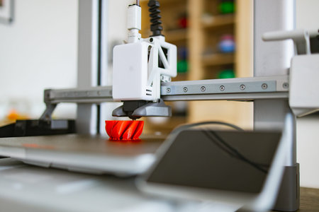 A modern 3D printer is actively creating a vibrant red object layer by layer on its build plate