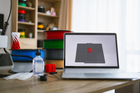 A modern laptop displays 3D modeling software next to spools of filament and a printed object,...