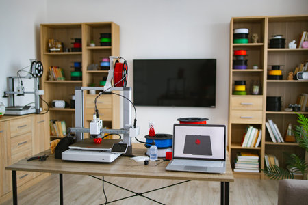 A modern 3D printing workstation is set up on a desk with multiple printers, filament spools, and a...