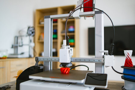 A modern 3D printer is actively creating a red object on its build plate with filament spools nearby