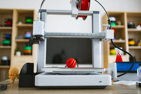 A modern 3D printer is actively creating a red, spiral-shaped object on its build plate, with spools...