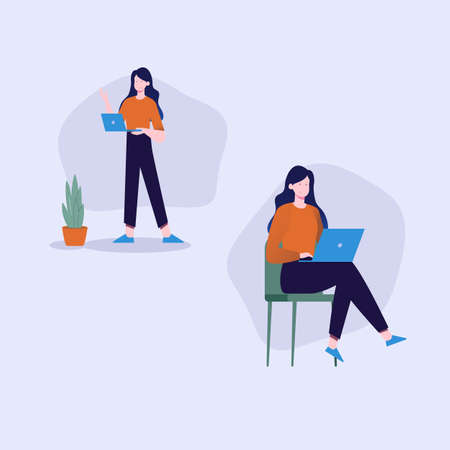 Creative business images of woman working on laptop in different positionsのイラスト素材