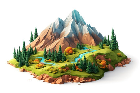 Mountain landscape with forest and river. 3d render on white backgroundの素材