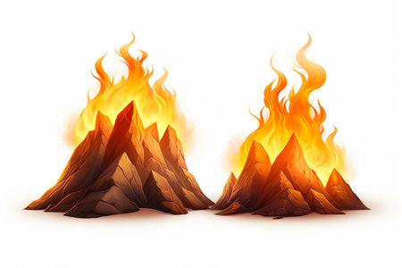 Illustration of a set of mountains with fire on a white backgroundの素材