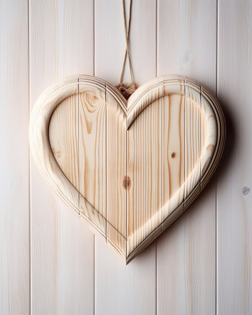 Wooden heart on a white wooden background. Valentines day.の写真素材