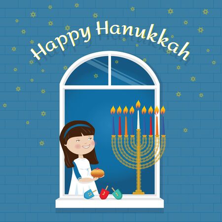 Happy Hanukkah Greeting card Jewish holiday girl with traditional symbolsのイラスト素材