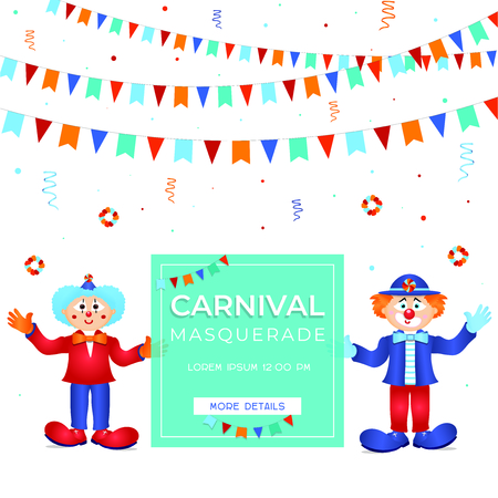 Carnival funfair masquerade colorful card or banner template design with clowns and decorations, place for textのイラスト素材