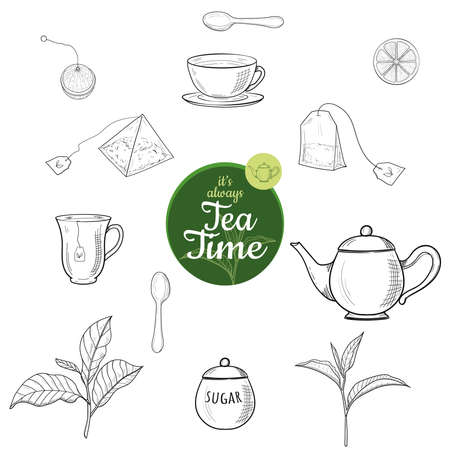 Green and black tea hand drawn ink sketch outline vector set isolated. Kettle, leaves, mag, sugar bowl, spoon, tea bag, lemon slice, strainer. Illustration for cafe, restaurant menu, web and print.のイラスト素材