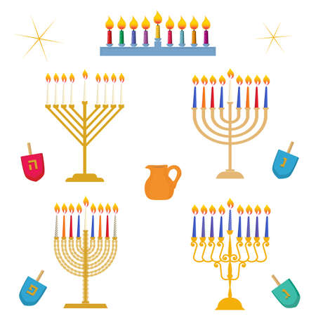 Different types of Hanukkah, Festival of Light, traditional golden menorah candelabrum with colorful candles vector illustration set, dreidels with hebrew letters and oil jar icons isolated on white.のイラスト素材