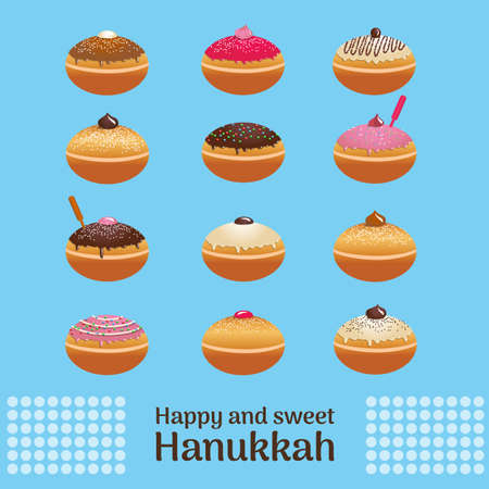 Traditional Hanukkah, Jewish holiday doughnut with different frosting vector set.のイラスト素材