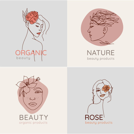 Woman face, leaves, flowers linear logo template vector.のイラスト素材