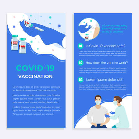 Coronavirus vaccination Flyer or banner design template, Covid-19 concept. Doctor or nurse in protective medical mask injecting a patient. Hands in gloves, syringe, vaccine bottle vector illustration.のイラスト素材