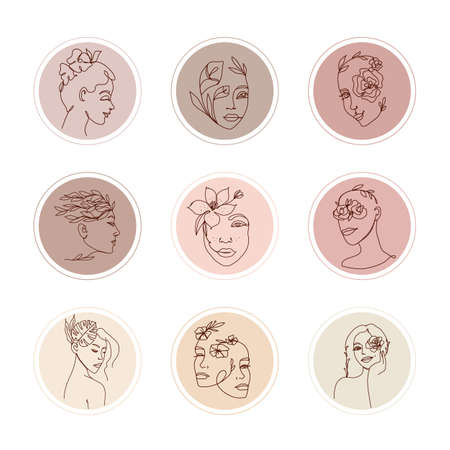 Abstract social media highlight stories cover set. Contemporary continuous one line linear woman faces, flowers and leaves vector. Doodle hand drawn elements for logo, icons, branding, illustration.のイラスト素材