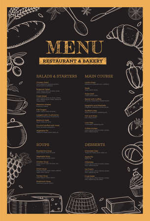 Restaurant and bakery menu template. Hand drawn vector food illustration on black chalkboard background. Bakery goods, cheese, fruits, vegetables vector.のイラスト素材