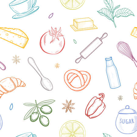 Seamless pattern with kitchen hand drawn sketch utensils. For wallpaper, pattern fills, textile, web page background, surface textures. Colorful Vector illustration.のイラスト素材