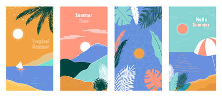 Social media stories design templates, backgrounds with copy space for text. Summer landscape background for banner, greeting card, poster and advertising. Summer vacation concept with palms and sea.のイラスト素材