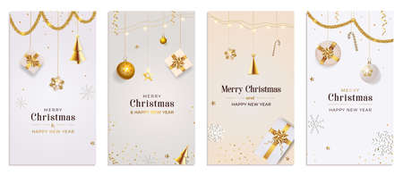 Christmas Template for social media stories. Story Xmas background with realistic gift boxes, white and gold color balls. Vertical New Year banner, poster, greeting card, Advertising flyer, brochure.のイラスト素材
