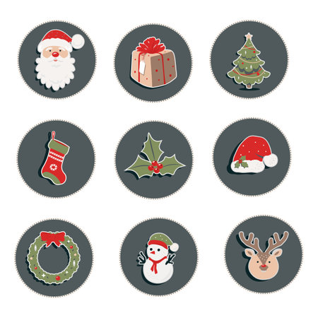 Christmas stickers of decorations, holiday gift, christmas tree, gift, snowman, Santa Claus, hat, and sock. Colorful vector illustration in flat cartoon style.のイラスト素材