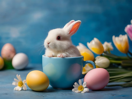 Cute little white bunny with Easter eggs and tulips on blue backgroundの素材