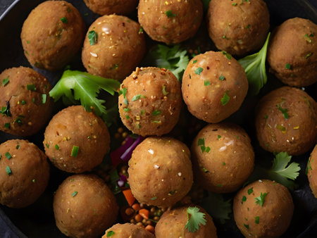 Tasty falafel balls with fresh vegetables on a plate.の素材