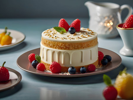 Cheesecake with fresh berries on a blue background. Selective focus.の素材