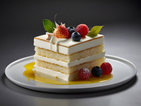 Piece of cake with berries on a white plate on a dark backgroundの素材
