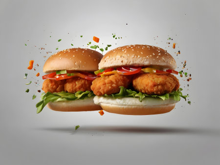Fast food concept with flying chicken burgers and vegetables.の素材