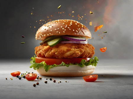 Chicken Burger with flying ingredients on a grey background. Concept of fast foodの素材