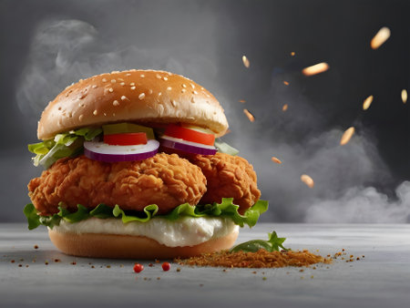 Burger with fried chicken and vegetables on a gray background. Fast food.の素材