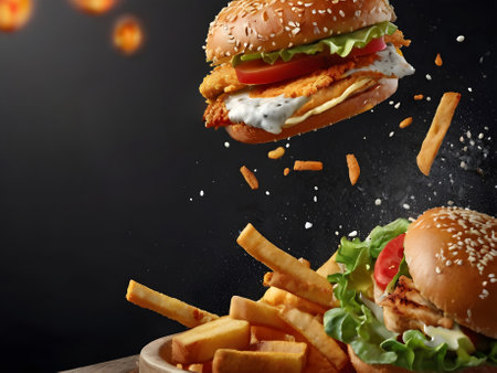 Flying chicken burger with french fries on a black background. Fast food conceptの素材