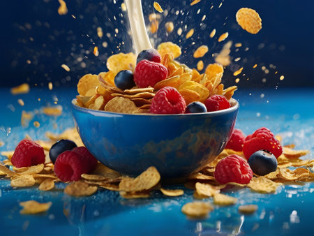 Cornflakes falling into a bowl with berry fruits on blue backgroundの素材