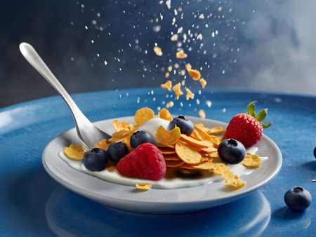 Healthy breakfast with cornflakes and fresh berries on blue backgroundの素材