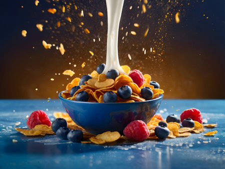Pouring milk into bowl with cornflakes and berries on blue backgroundの素材