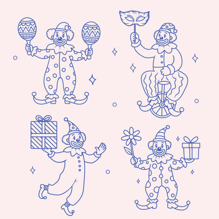 Set of cute cartoon Clown characters. Vector line art illustration.のイラスト素材