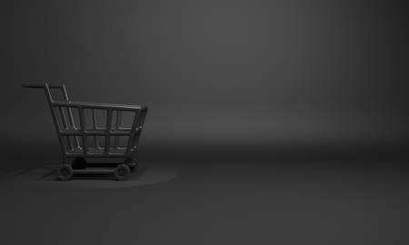 Empty black basket trolley cart in the studio lighting, copy space text, Design creative concept for black friday sale event. 3D rendering illustration.の写真素材