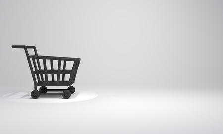 Empty black basket trolley cart in the studio lighting on white background, copy space text, Design creative concept for black friday sale event. 3D rendering illustration.の写真素材