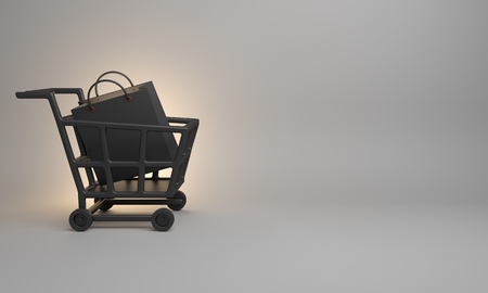 Black basket trolley cart and shopping bag in the studio lighting on white background, copy space text, Design creative concept for black friday sale event. 3D rendering illustration.の写真素材