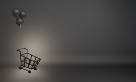 Flying black basket trolley cart, and balloon in the studio lighting, copy space, Design creative concept for black friday sale event. 3D rendering illustration.の写真素材