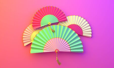 Colorful Chinese paper fan umbrella on purple pink gradient background. Design creative concept of chinese festival celebration gong xi fa cai. 3D rendering illustration.の写真素材