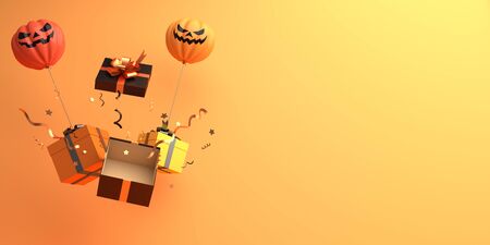 Pumpkin balloon, gift box, confetti on orange background. Design creative concept of halloween celebration holiday.の写真素材