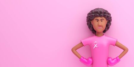 Afro cartoon cute girl with boxing glove on pink background, copy space text. Design creative breast cancer awareness month concept. 3D rendering illustration.の写真素材