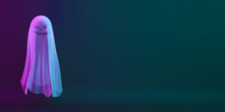 Ghost on black blue purple background, vibrant color, neon flourescent. copy space text area. Design...