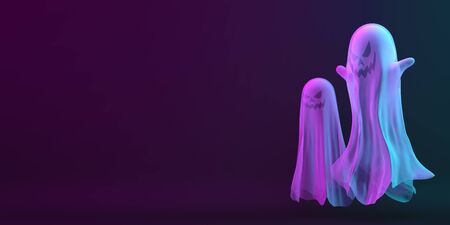 Ghost on black blue purple background, vibrant color, neon flourescent. copy space text area. Design creative concept of happy halloween celebration holiday. 3D rendering illustration.の写真素材