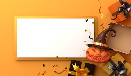 Gift box, confetti, smiling pumpkin head jack o lantern with witch hat and empty board on orange color background. Design creative concept of halloween celebration day. 3d illustration.の写真素材