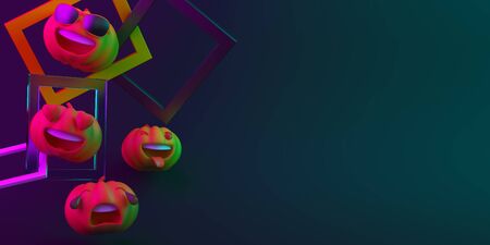 Cute cartoon pumpkin and abstract frame on black blue purple background, vibrant color, neon flourescent. Design creative concept of happy halloween celebration holiday. 3D rendering illustration.の写真素材