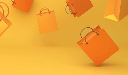Empty orange color shopping bag on the yellow background, copy space text, Design creative concept for halloween day or autumn sale event. 3D rendering illustration.の写真素材