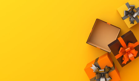 Gift box flat lay on orange background, copy space text area. Design creative concept of happy...