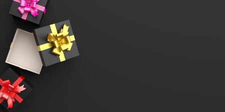 Gift box with gold, pink, red ribbon in the studio lighting, copy space text, flat lay. Design creative concept for black friday sale event. 3D rendering illustration.の写真素材