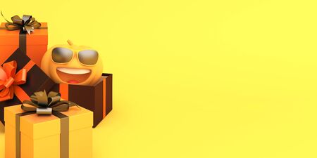 Cute cartoon pumpkin, gift box on orange background. Design creative concept of happy halloween celebration holiday. 3D rendering illustration.の写真素材