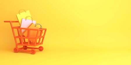Shopping trolley cart and shopping bag on orange background. Design creative concept of happy halloween celebration holiday. 3D rendering illustration.の写真素材